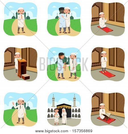 A vector illustration of Muslim People Doing Their Religious Activities