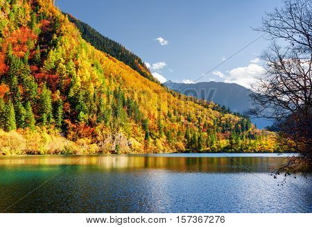 Amazing View Of The Panda Lake Among Colorful Fall Woods