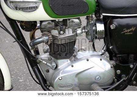 Triumph TR6 Trophy 1967, Photographed at Coleford Carnival of transport, England. 11th April 2009 (engine block, nearside)