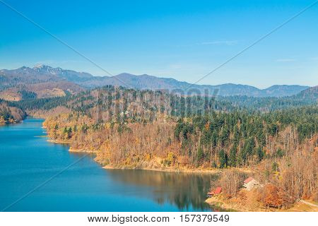 Panoramic view of Lokvarsko lake, beautiful mountain autumn landscape, Lokve, Gorski kotar, Croatia