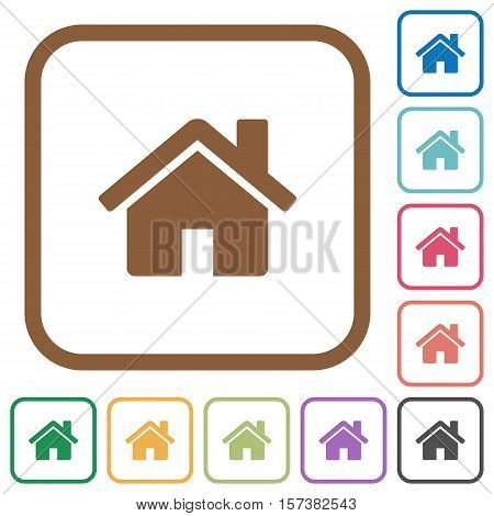 Home simple icons in color rounded square frames on white background