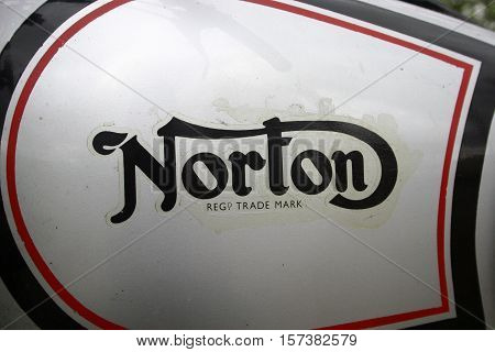 Norton Model 18, 1934, , Photographed at Coleford Carnival of transport, England. 11th April 2009. (fuel tank Norton close up)