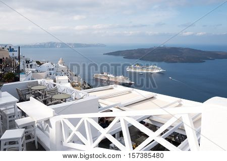 Santorini Greece - October 17 2015: Fira panora on the volcano area seen from the caldera pathway