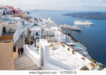 Santorini Greece - October 17 2015: Fira panora on the volcano area seen from the caldera pathway