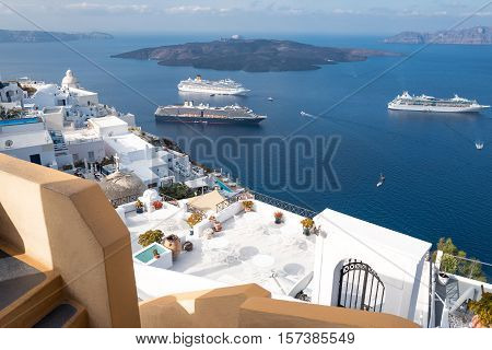 Santorini Greece - October 17 2015: Fira panora on the volcano area seen from the caldera pathway