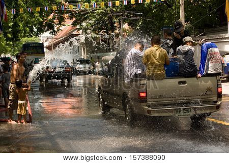 Bangkok, Thailand - April 13, 2008 : 
During Songkran the Thai New Year's festival. Major streets are closed for traffic, and are used as arenas for water fights.