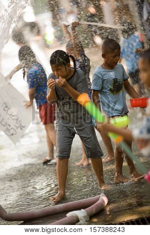 Bangkok, Thailand - April 13, 2008 : 
During Songkran the Thai New Year's festival. Major streets are closed for traffic, and are used as arenas for water fights.