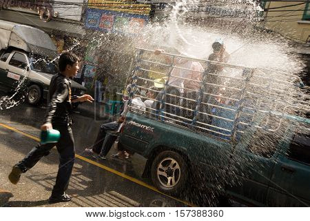 Bangkok, Thailand - April 13, 2008 : 
During Songkran the Thai New Year's festival. Major streets are closed for traffic, and are used as arenas for water fights.