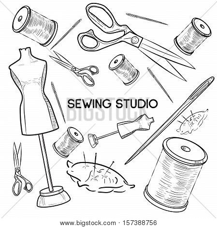 Colored hand drawn sewing icons set. Vector illustration, EPS 10