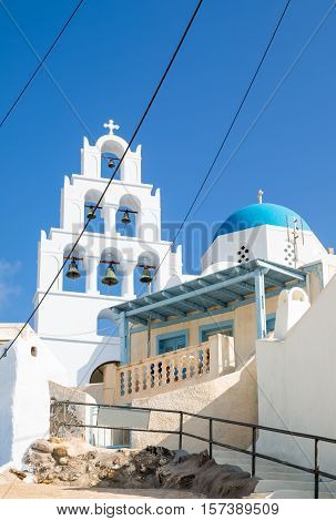 Greece Santorini island Pyrgos traditional architectures of the village with Orthodox church