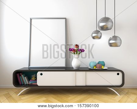 interior mock up with black dresser white wall flowers, lamp, vase 3d render