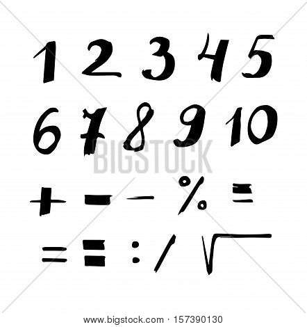 Set of hand drawn vector numbers and mathematical symbols. Isolated on white background.