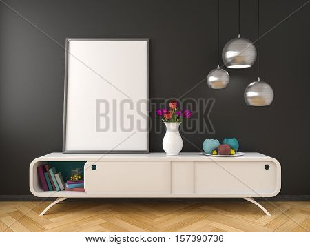 White dresser black wall flowers interior mockup