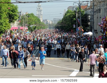 VORONEZH, RUSSIA - May 9, 2016: Festive mood of townsfolk in a city street during the celebration on Victory Day. May 9, 2016 in Voronezh, Russia