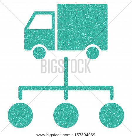 Van Distribution Scheme grainy textured icon for overlay watermark stamps. Flat symbol with unclean texture. Dotted vector cyan ink rubber seal stamp with grunge design on a white background.
