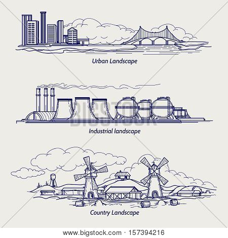 Ball pen sketch urban country and industrial ladscapes vector