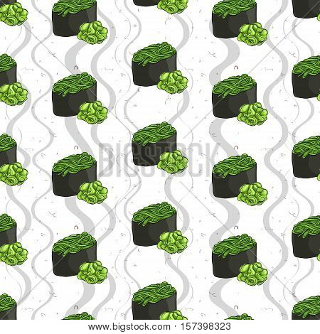 Seamless pattern of sushi Gunkan Chuka Seaweed and wasabi, color