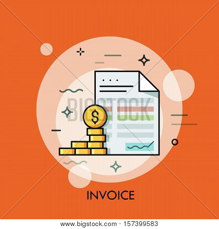 Invoice and dollar coins. Budget planning, money saving and paying debt concept, financial document and paperwork icon. Vector illustration in thin line style for website, accounting service logo.
