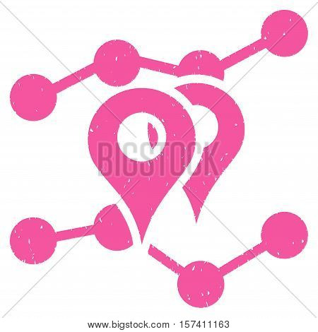 Geo Markers Trends grainy textured icon for overlay watermark stamps. Flat symbol with dust texture. Dotted vector pink ink rubber seal stamp with grunge design on a white background.