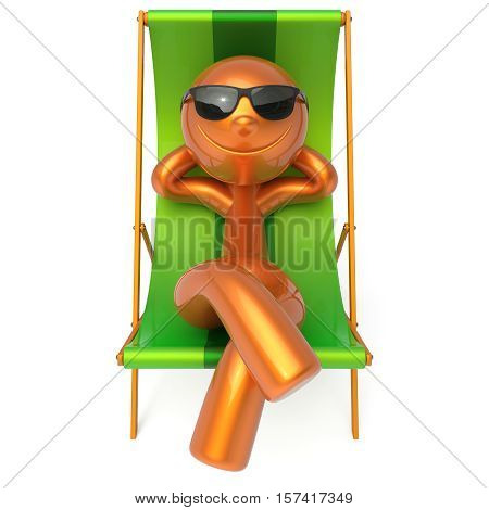 Smiling relaxing man beach deck chair sunglasses summer cartoon character chilling stylized person sun lounger tourist sunbathing rest outdoor vacation lifestyle travel destination. 3d illustration