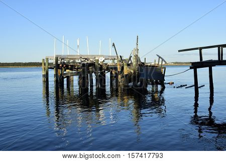 VILANO BEACH, FLORIDA, USA - OCTOBER 18, 2016: Aftermath of private boat dock damage caused by hurricane Matthew hitting along the east coast of Florida on October 7, 2016.