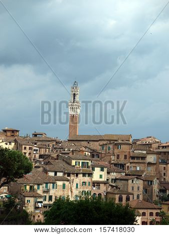 Siena - panorama of the old part of town with a slender tower Torre del Manga