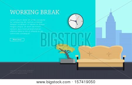 Workplace vector concept. Flat design. Working break office room with sofa, bonsai tree, clock on the wall and urban view from window. Comfortable place for work modern business apartments design