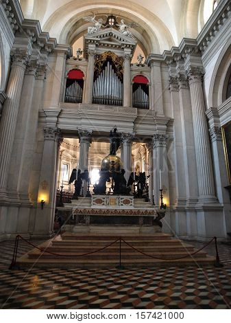 VENICE, ITALY - MAY 23, 2010: Venice- San Griorgio Maggiore church. Views of the interior and altar