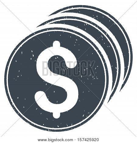 Dollar Coins grainy textured icon for overlay watermark stamps. Flat symbol with unclean texture. Dotted vector smooth blue ink rubber seal stamp with grunge design on a white background.