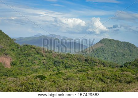 Beautiful landscapes of various volcanic peaks in the distance seen from the top of Telica Volcano in San Jacinto near Leon, Nicaragua