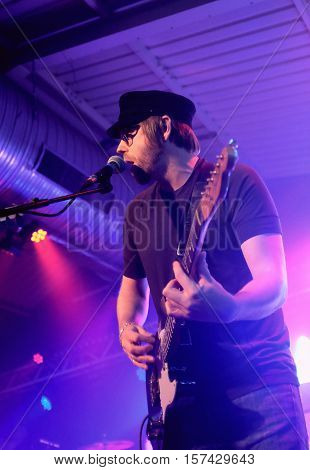SOUTHAMPTON, UK, November 3 2016: Lucas Crowther guitarist with The Rifles performing at the Engine Rooms, Southampton, Hampshire UK