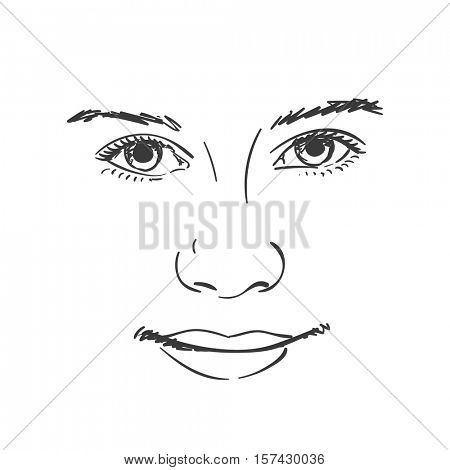 Facial features of beautiful young girl, Vector sketch Hand drawn illustration