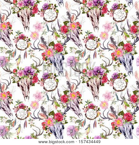 Deer skulls with flowers and dream catchers - dreamcatcher. Seamless pattern. Watercolor