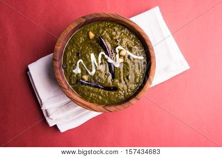 corn flour flat bread or roti or Makki Ki Roti with sarso da Saag or mustard leaves curry, Indian Food popular in winter season in north india