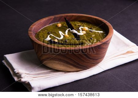 corn flour flat bread or roti or Makki Ki Roti with sarso da Saag or mustard leaves curry, Indian Food popular in winter season in north india