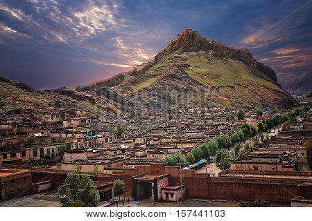 Tibetan Fort on top of the rocky hill in Gyangze in central Tibet