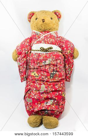 Isolated Cute Teddy bear in kimono costume with white background