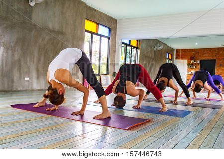 Group of young people relaxing and practicing in yoga