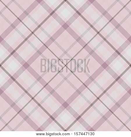 Seamless tartan plaid pattern. Checkered fabric texture print in shades of faded pink, grey & white.