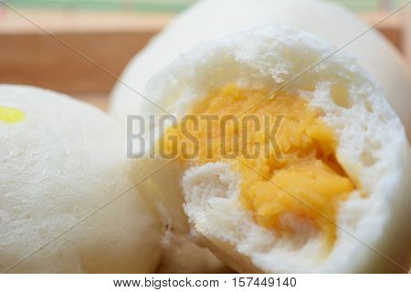 Closeup of inside Steamed Creamy Custard Bun