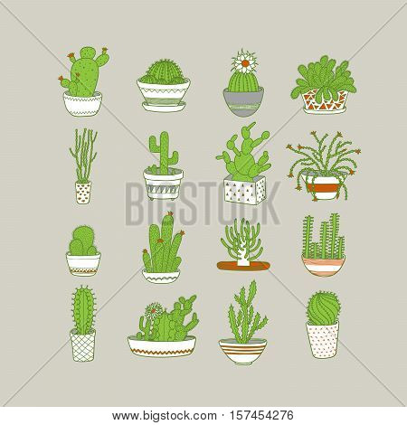 Set icons cacti. Style Hand drawing. Vector illustration EPS10.