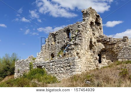 Crimea. Cave city Mangup Kale. The ruins of the palace and citadel.