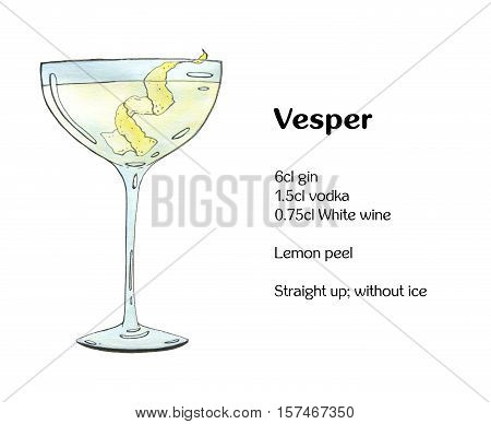 Hand Drawn Watercolor Cocktail Vesper On White Background