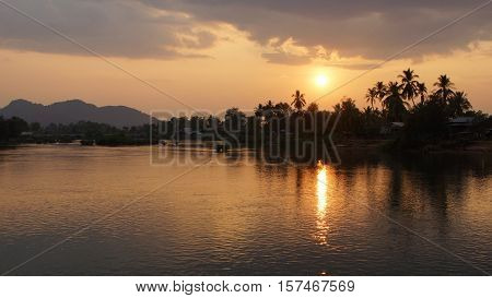 Sundown on Ban Khone village, Don Khone Island within the Mekong river, Laos, Asia