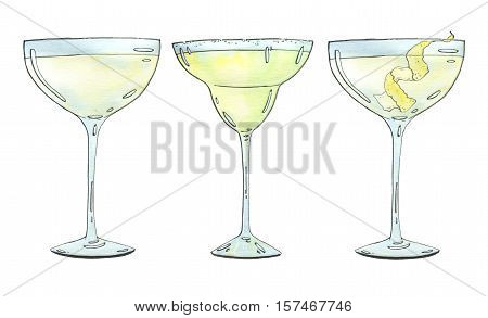 Hand Drawn Set Of Watercolor Cocktails Margarita Vesper On White Background
