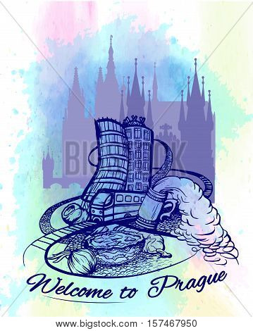 Welcome to Prague poster, banner, sticker with Czech capital landmarks. Line drawing on watercolor background.Vector illustration