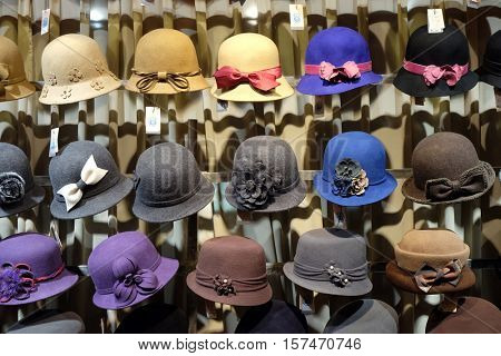 BEIJING - FEBRUARY 22: Hats in the store on the Qianmen street, a famous old shopping street over hundreds years in Beijing, China, February 22, 2016.