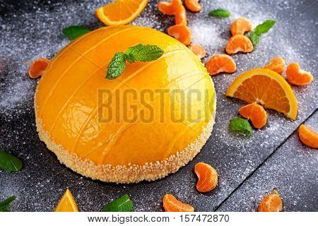 Orange Cake witch mousse, Mandarin saucea and fruit.
