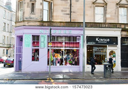Edinburgh, Scotland, UK-circa July 2016:Nippers on Bruntsfield Street, small shop with very original colors, currently closed