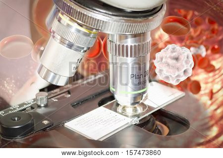 Laboratory microscope and blood flow, 3D illustration